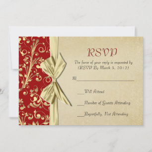 Tarjeta RSVP de cinta Damask de Navidades rojos/do