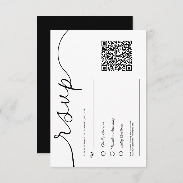 Tarjeta RSVP de código QR blanco y negro moderno m (Anverso / Reverso)