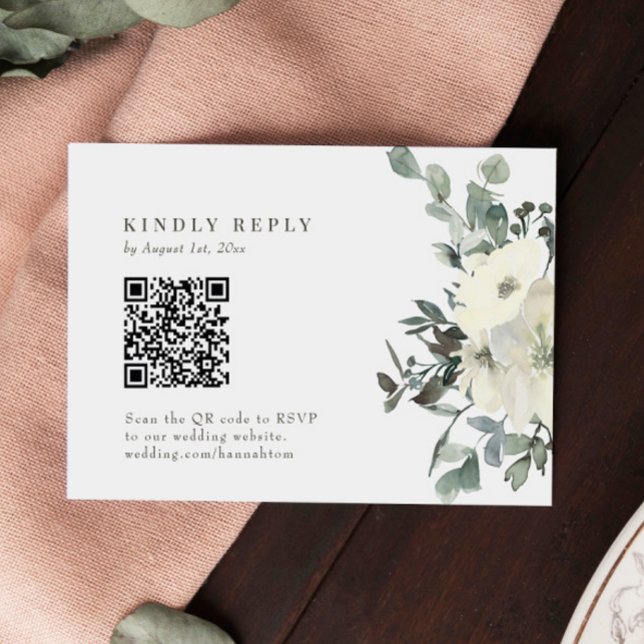 Tarjeta RSVP de código QR de Boda floral marfil ac (Subido por el creador)