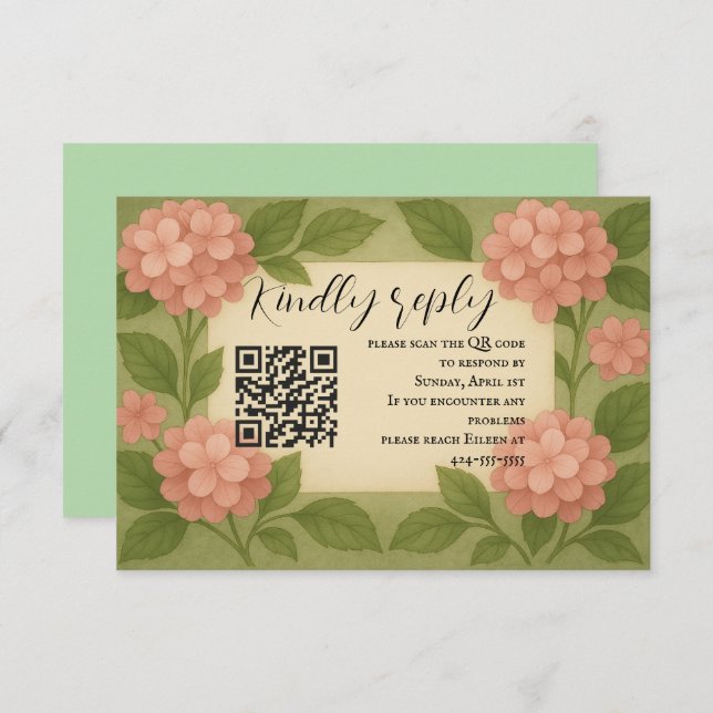 Tarjeta RSVP de código QR de Hydrangea Rosa compat (Anverso / Reverso)