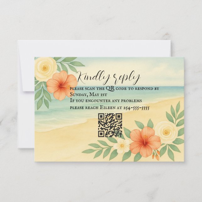 Tarjeta RSVP de código QR de playa floral amigable (Anverso)