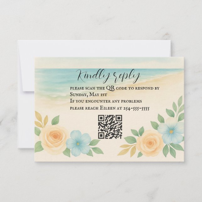 Tarjeta RSVP de código QR de playa floral amigable (Anverso)
