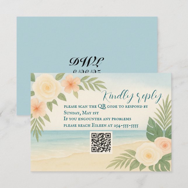Tarjeta RSVP de código QR de playa floral amigable (Anverso / Reverso)