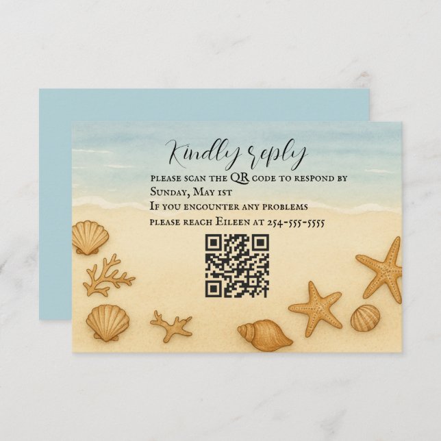 Tarjeta RSVP de código QR de Serenade Seashell (Anverso / Reverso)