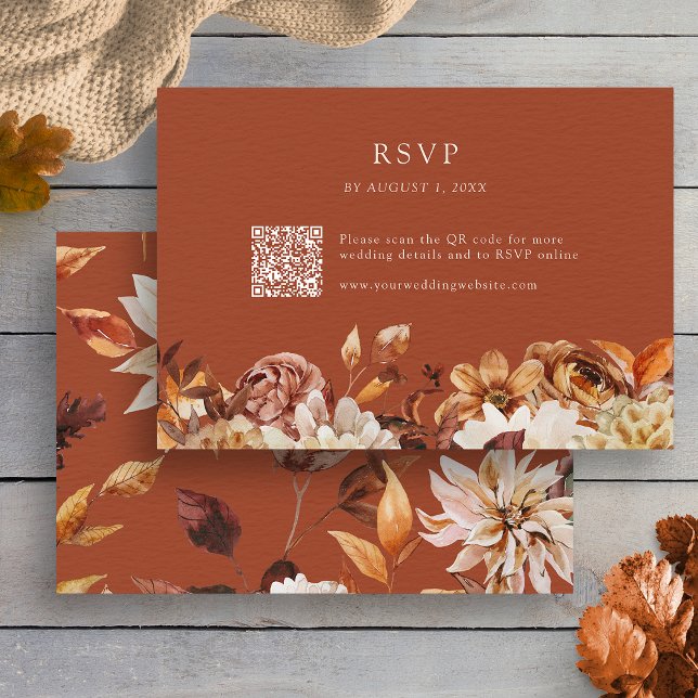 Tarjeta RSVP de código QR de Terracotta otoño (Watercolor Terracotta Autumn Floral QR Code RSVP Card by Painted Paperie
)