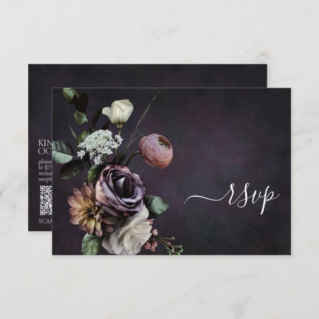Tarjeta RSVP de código QR floral con guión morado  (Anverso / Reverso)