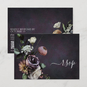 Tarjeta RSVP de código QR floral con guión morado 