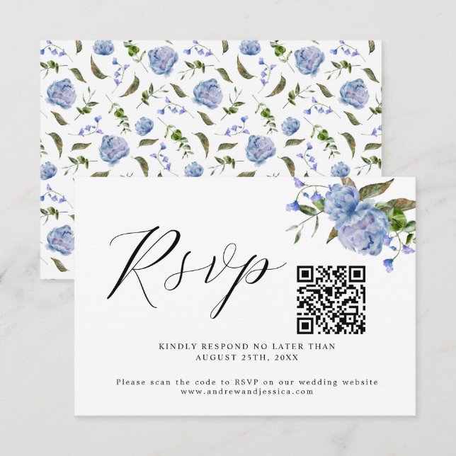Tarjeta RSVP de código QR para Boda floral azul (Anverso / Reverso)