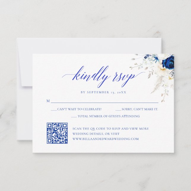 Tarjeta RSVP de código QR para Boda floral azul re (Anverso)