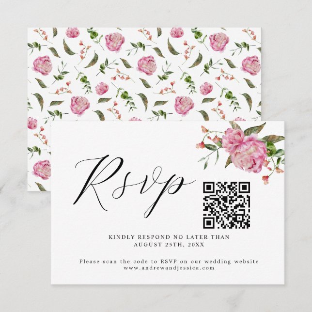 Tarjeta RSVP de código QR para Boda floral rosa (Anverso / Reverso)