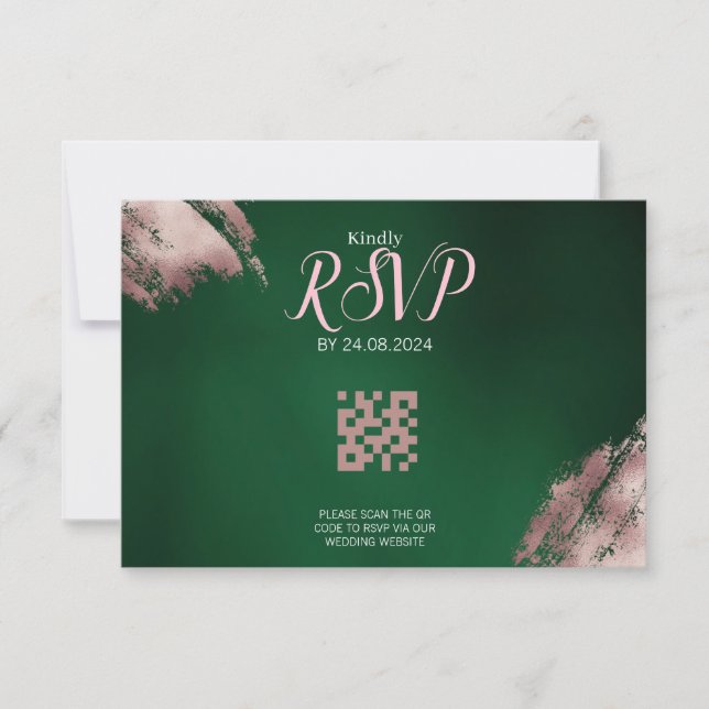 Tarjeta RSVP de código QR verde esmeralda y oro Ro (Anverso)