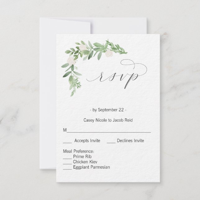 tarjeta RSVP de color blanco y verde (Anverso)