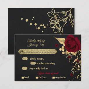 tarjeta RSVP de color burdeos dorado floral de com