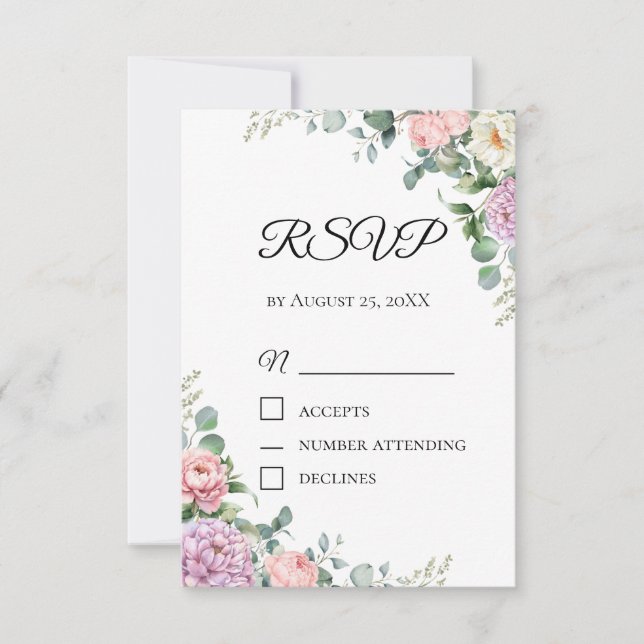 Tarjeta RSVP de color de agua Peony y Eucalyptus | (Anverso)