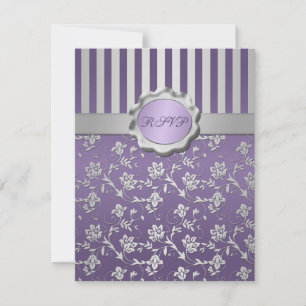 Tarjeta RSVP de color morado y gris con bandas flo