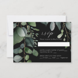 Tarjeta RSVP de color negro verde y Boda de eucali