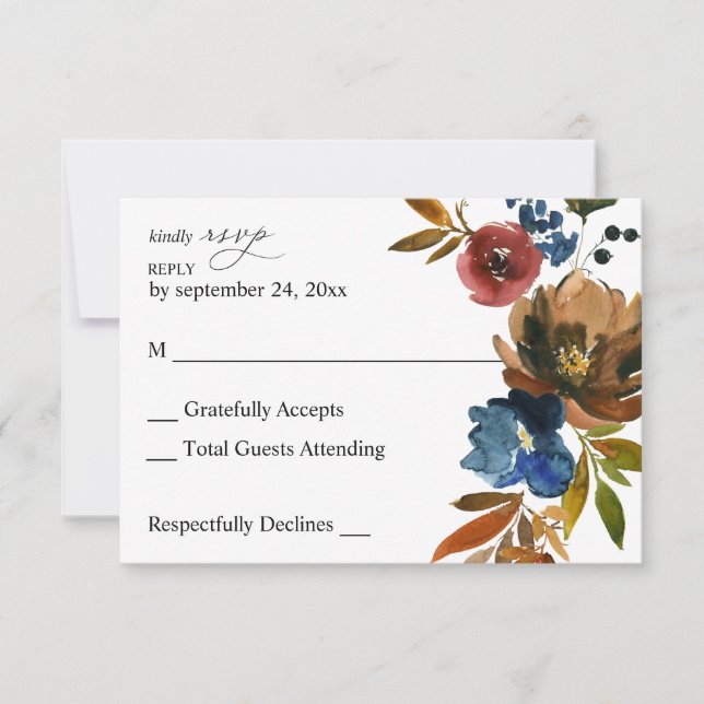 Tarjeta RSVP de Comida Azul Marina, Naranja y Flor (Anverso)