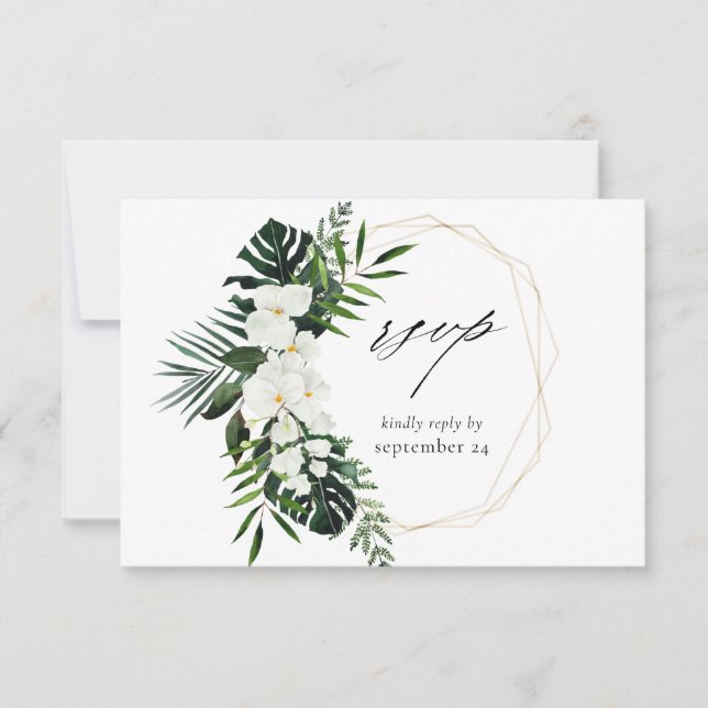 Tarjeta RSVP de Comida con Palm y Floral Blanca Tr (Anverso)
