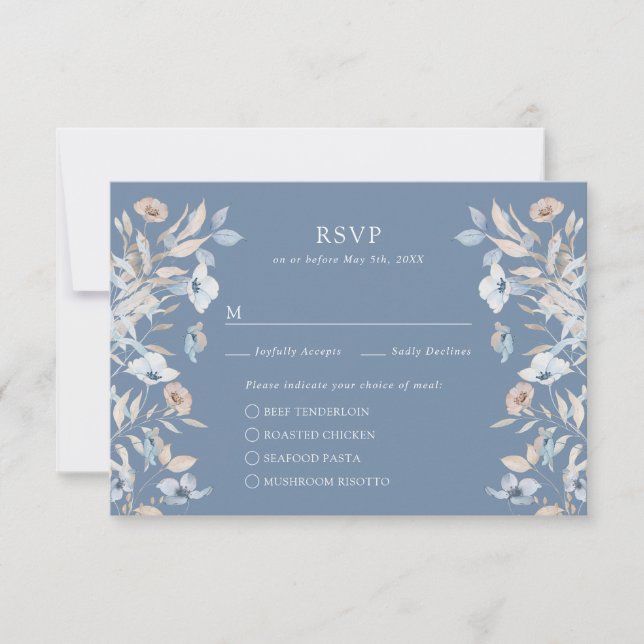 Tarjeta RSVP de Comidas Florales Azules (Anverso)