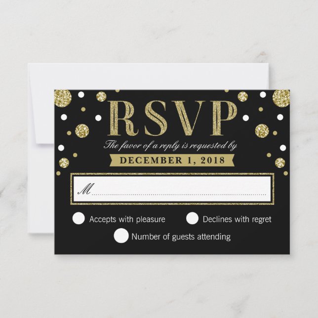 Tarjeta RSVP de Confetti de Purpurina blanco y dor (Anverso)