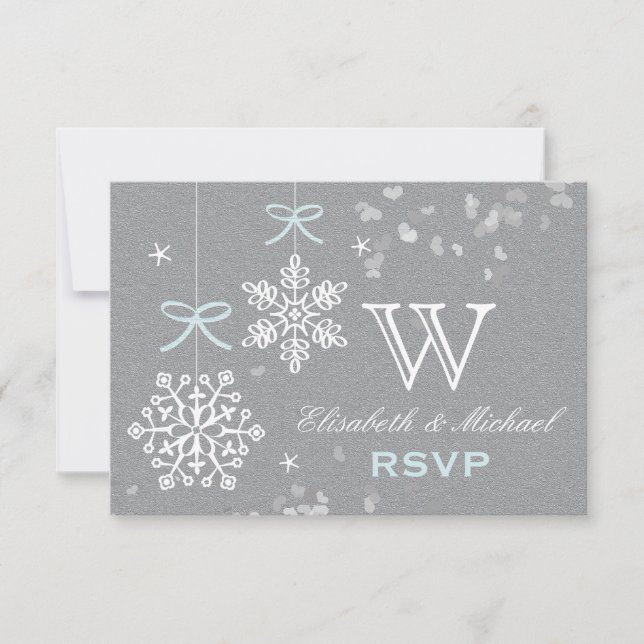 Tarjeta RSVP de copo de nieve azul y gris (Anverso)
