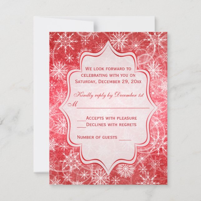 Tarjeta RSVP de copos de nieve rojos y blancos (Anverso)