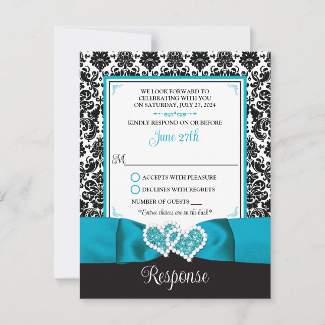 Tarjeta RSVP de Corazones de Amor Turquesa y Damas (Anverso)