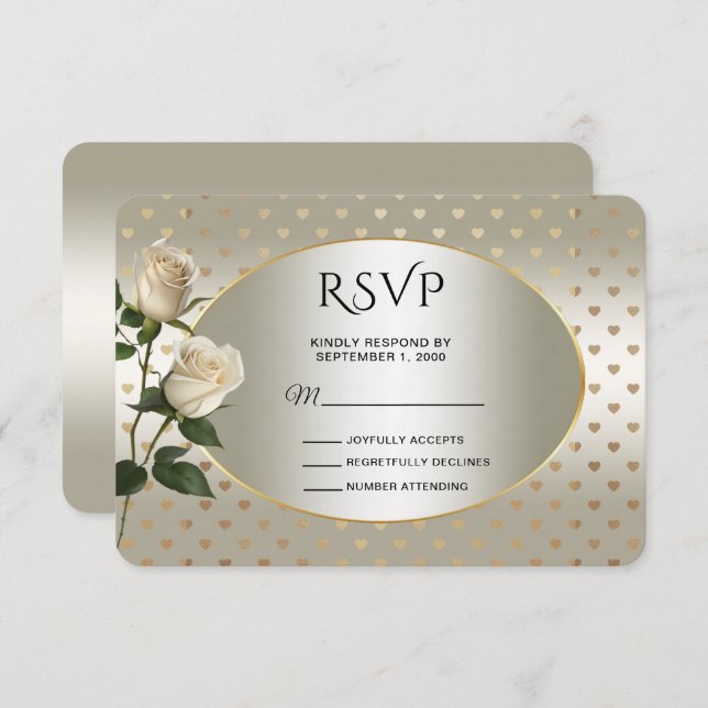 Tarjeta RSVP de Corazones de Oro de Rosas Blancas (Anverso / Reverso)