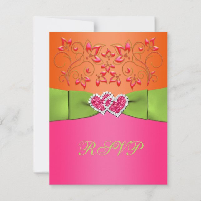Tarjeta RSVP de Corazones Rojas Rosa, Naranja, Flo (Anverso)