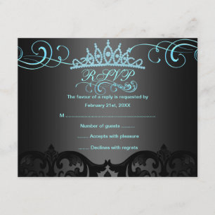 Tarjeta RSVP de cumpleaños de Blue Swirl Damask