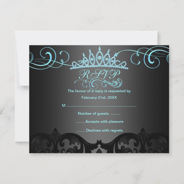 Tarjeta RSVP de cumpleaños de Blue Swirl Damask (Anverso)