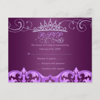 Tarjeta RSVP de cumpleaños Purple Damask y Tiara