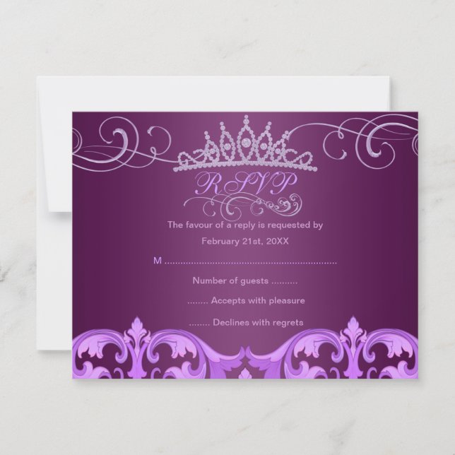 Tarjeta RSVP de cumpleaños Purple Damask y Tiara (Anverso)