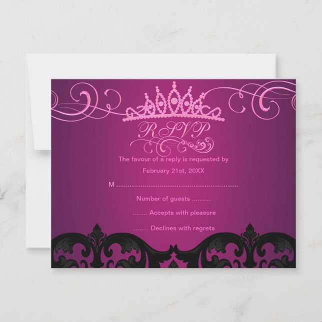 Tarjeta RSVP de Cumpleaños Rosada Damask y Swirl (Anverso)
