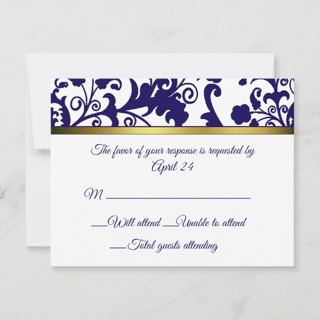 Tarjeta RSVP de damasco azul y blanco de Regency (Anverso)