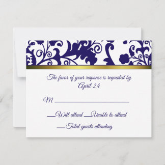 Tarjeta RSVP de damasco azul y blanco de Regency