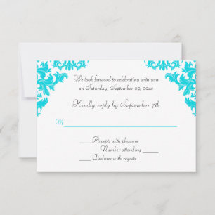 Tarjeta RSVP de Damasco blanco, turquesa, negra