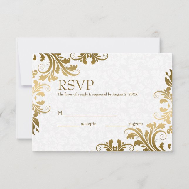 Tarjeta RSVP de Damasco Blanco y encaje dorado (Anverso)