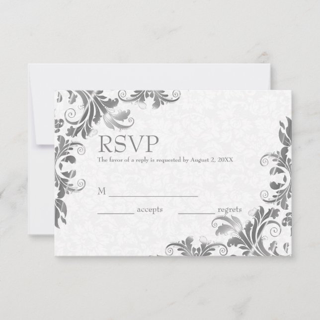 Tarjeta RSVP de Damasco Blanco y encaje gris (Anverso)