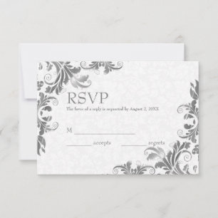 Tarjeta RSVP de Damasco Blanco y encaje gris