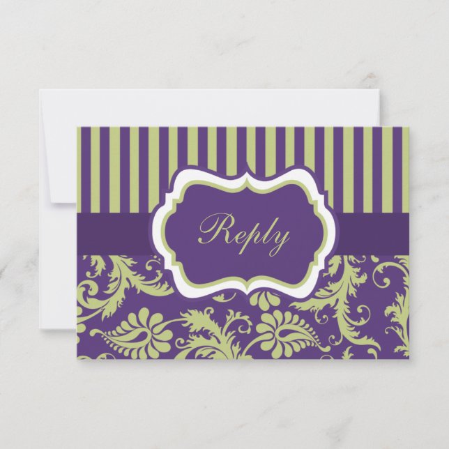 Tarjeta RSVP de Damasco morado, verde y blanco (Anverso)