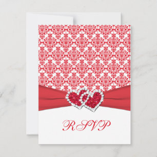 Tarjeta RSVP de Damasco Rojo y Blanco y Corazón