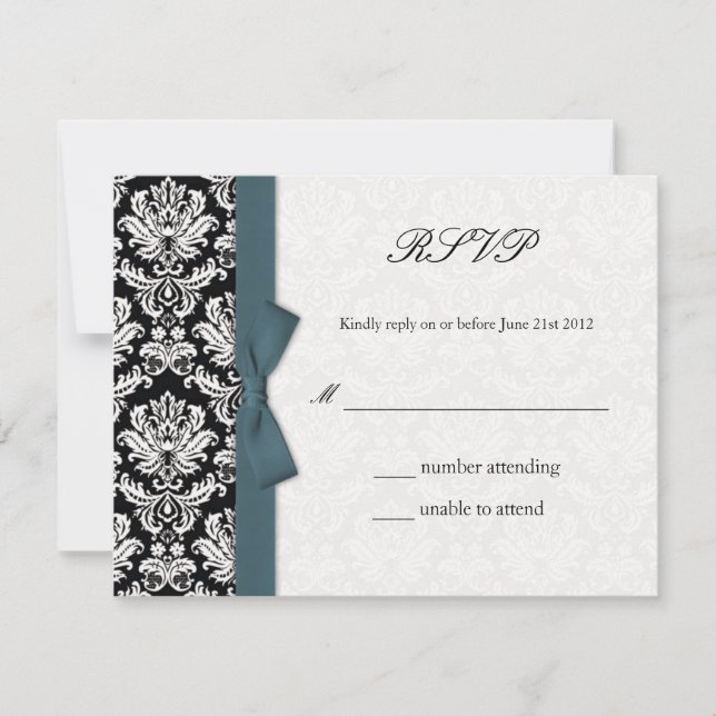 Tarjeta RSVP de Damask Bow Verde azulada Bow Weddi (Anverso)