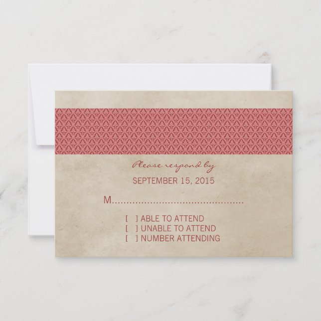 Tarjeta RSVP de Damask de Red Rustic (Anverso)