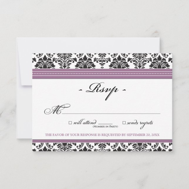 Tarjeta RSVP de Damask elegante (lavanda) (Anverso)