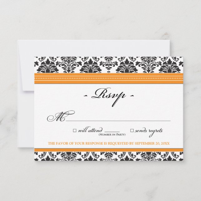 Tarjeta RSVP de Damask elegante (naranja) (Anverso)