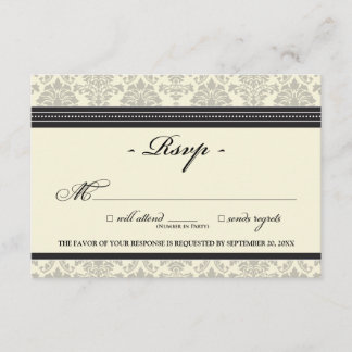 Tarjeta RSVP de Damask elegante (negro/crema)