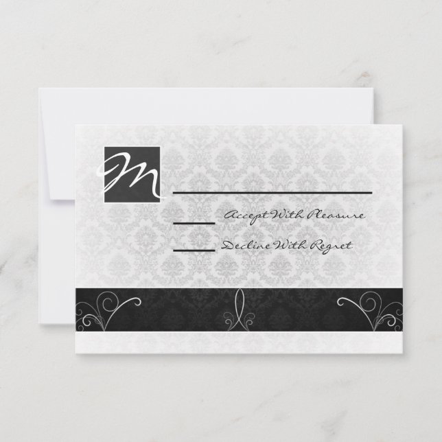 Tarjeta RSVP de Damask en blanco y negro (Anverso)
