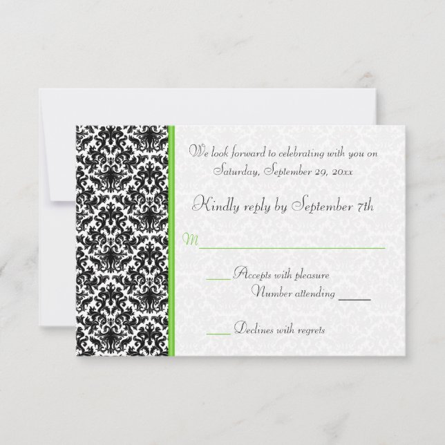 Tarjeta RSVP de Damask en negro, blanco y verde (Anverso)