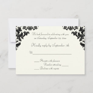 Tarjeta RSVP de Damask en negro e marfil